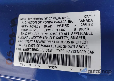 2017 Honda Civic Lx-P from USA, damaged, VIN 2HGFC4B07HH310452